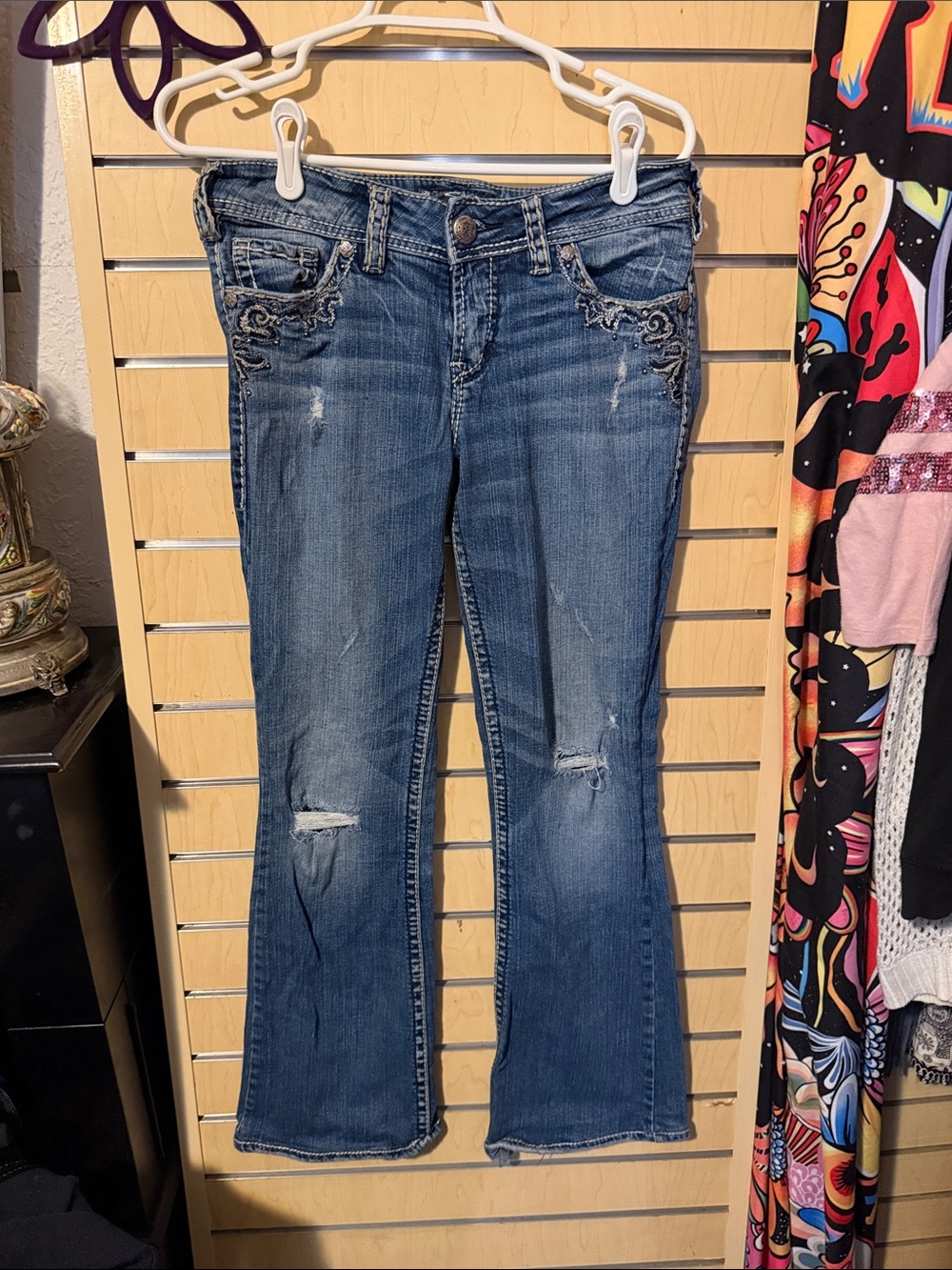 Silver Jeans Indigo Distressed Flare with Embroidered Front Pockets